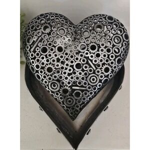 Large Heart Shaped Silver Metal Trinket Box Industrial Nuts &‎ Bolts Rustic